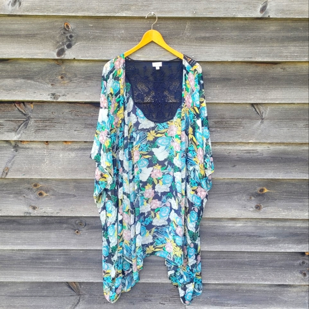 avenue floral cardigan jacket wrap cover up crochet lace longline plus - 26/28